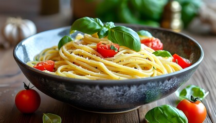 Wall Mural - Delicious bowl of spaghetti adorned with fresh basil and ripe tomatoes on a rustic wooden table