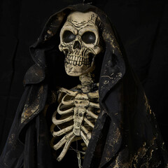 Scary dead ghost skeleton wearing black cloak