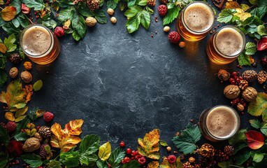 A creative arrangement of craft beer glasses surrounded by colorful autumn leaves and nuts, perfect for seasonal promotions or beverage advertising.