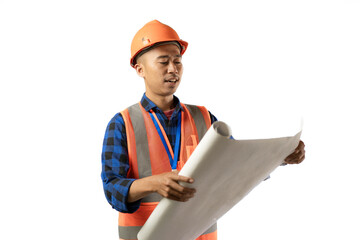 Young Asian male construction worker opening a scroll of blueprints, industrial and construction concepts, isolated white background.