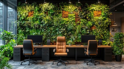 Wall Mural - Modern Office Interior Design with Green Wall and Desk