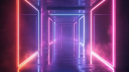 Wall Mural - Neon lights illuminate a dark hallway with smoke.