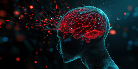 Poster - A brain with red and blue colors is shown in a black background. The brain is surrounded by a lot of red and blue lines, which give the impression of a brain explosion. Concept of chaos and confusion