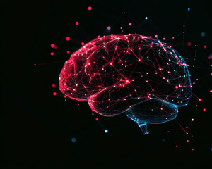 Poster - A brain with red and blue lines surrounding it. The brain is surrounded by a web of lines, giving it a futuristic and technological appearance. The colors of the brain