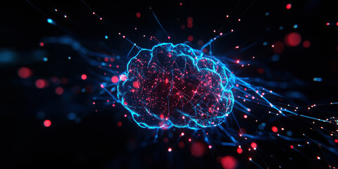 Poster - A computer generated image of a brain with blue and red colors. The image is abstract and surreal, with a sense of movement and energy. The colors and shapes of the brain create a sense of complexity