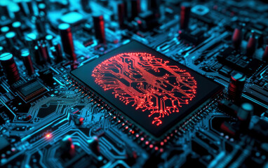 Poster - A computer chip with a red brain on it is displayed