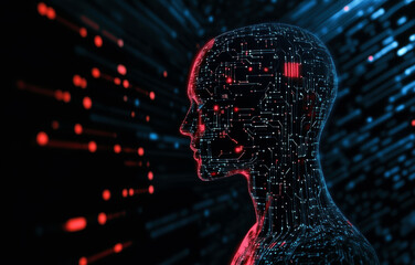 Poster - A computer generated image of a head with a red face and blue body. The image is of a person with a computer chip in their head