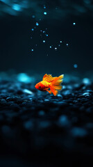 A goldfish is swimming in a dark blue tank. The tank is filled with rocks and water