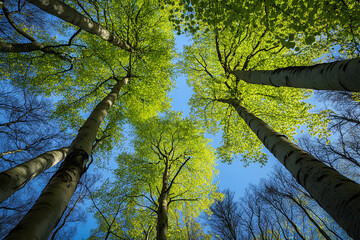 Beech Trees Forest in Early Spring, from below, fresh green leaves