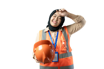 young Asian female worker in hijab looks very tired while wiping her sweat, industrial and construction concept, isolated white background.