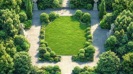 Canvas Print - Aerial View of a Lush Garden with Green Grass and Stone Path