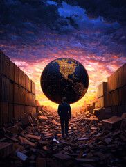 Poster - A man is walking through a rubble-filled area with a large globe in the foreground. The globe is surrounded by a pile of bricks and rubble, and the man is walking through it. The scene is dark