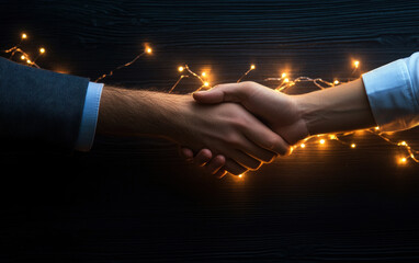 Poster - Two people shaking hands in front of a dark background. Scene is professional and formal