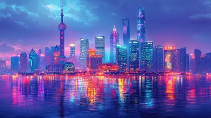 Poster - Neon Cityscape with Water Reflection   Shanghai Skyline