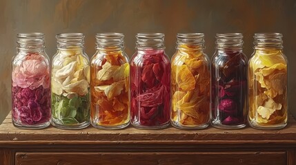 Sticker - Glass Jars with Dried Flower Petals on Wooden Table