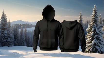 Poster - Black Blank hoodie mockup on winter snow background .Blank sweatshirt black color preview template front and back view. crew neck mock up isolated on white background. Cloth collection.