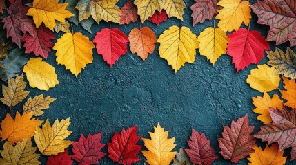 Sticker - Autumn Leaves Frame on Blue Background