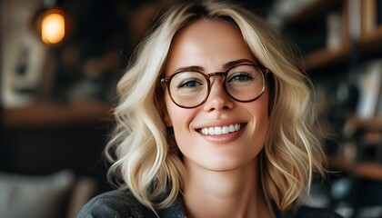 Wall Mural - Cheerful blonde woman in glasses radiating positivity and happiness