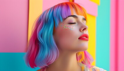 Sticker - Vibrant portrait of a woman with colorful hair against a strikingly colorful backdrop