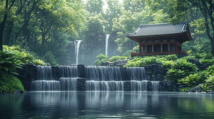 Poster - Tranquil Waterfall and Japanese Pagoda in Lush Forest