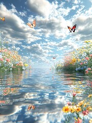 Wall Mural - landscape with water flowers and butterflies 