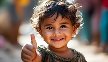 Wall Mural - Joyful child beaming with a thumbs up gesture, radiating happiness and positivity