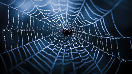 A spooky spider web with dewdrops, isolated against a dark background.