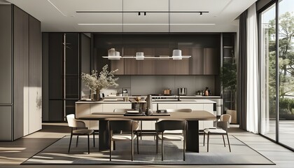 Wall Mural - Contemporary kitchen featuring spacious dining area with stylish table and comfortable chairs