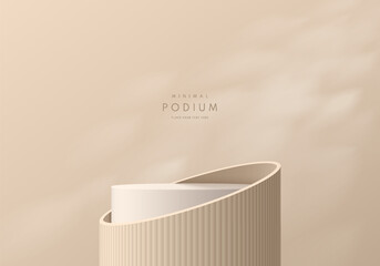 Wall Mural - realistic beige 3d cylindrical podium background with leaf shadow and lighting scene. minimalist moc