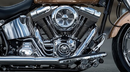 Chrome Motorcycle Engine Closeup   Powerful V Twin Design