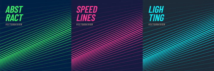 Wall Mural - set of abstract pink, green or blue speed lines pattern on dark background in perspective view. futu