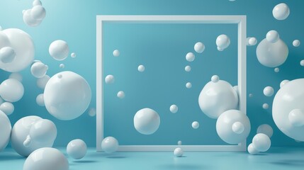 Poster - 3D Abstract Flying Spheres with Frame on Blue Background 
