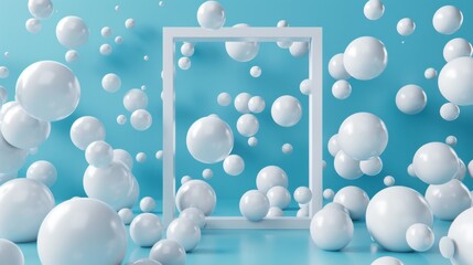 Poster - 3D Abstract Flying Spheres with Frame on Blue Background 
