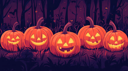 Wall Mural - A group of pumpkins with their mouths open and eyes wide, all smiling