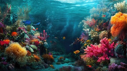 Wall Mural - A colorful reef filled with exotic marine life, from vibrant fish to intricate coral formations, thriving under the sea