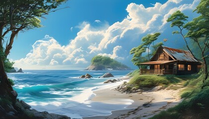 Wall Mural - Tropical Paradise Coast: Serene Beach, Old Wooden House, and Vibrant Ocean Landscape Artistic Wallpaper