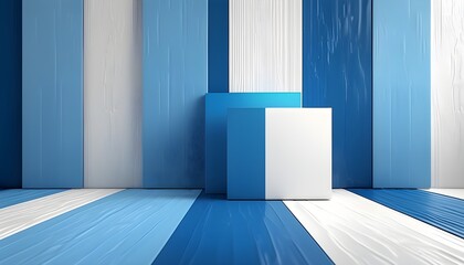 Wall Mural - Blue and white striped canvas featuring a centered blue and white square design