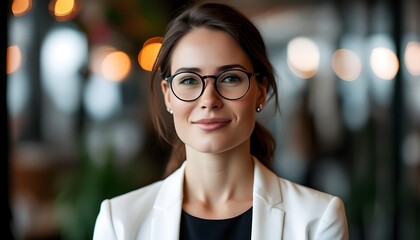 Wall Mural - Confident businesswoman in glasses and white jacket radiating positivity while posing for the camera