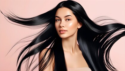 Wall Mural - Elegant woman with lustrous black hair tossed in the air against a pastel backdrop, embodying beauty and hair care excellence

