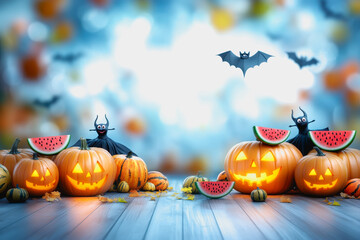 Playful Halloween with pumpkins, bats, and cute vampires holding watermelon treats