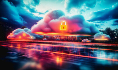 Neon-lit secure clouds in a surreal digital realm with data flow and futuristic connectivity