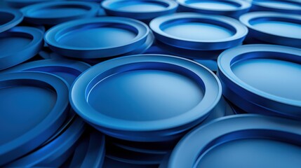 Poster - 3D rendering of matte blue discs layers stacked filling the frame - stock photo Layered disc surfaces overlapping background - horizontal version