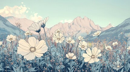 Wall Mural - Hand Drawn Aesthetic Meadow with Blooming Daisies and Mountain Landscape