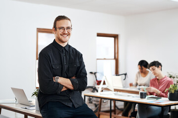 Poster - Portrait, arms crossed or happy business man in creative startup for career growth or leader. Smile, confident manager and expert in glasses or magazine publisher in office with pride for opportunity