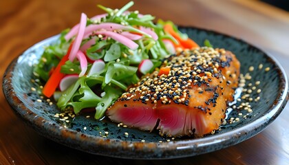 Wall Mural - Seared tuna with sesame seed crust served alongside vibrant green salad on marinated Chinese radish bed