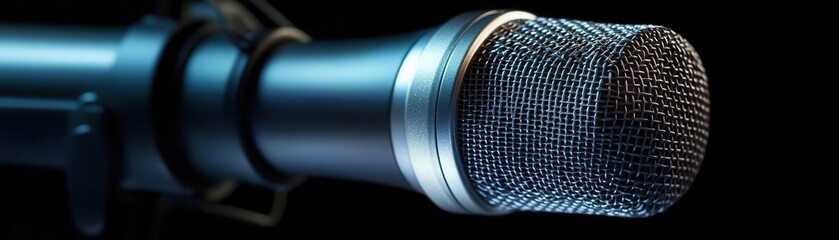 Close-up view of a professional microphone on a dark background, ideal for audio, music, and broadcasting themes.