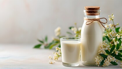 Wall Mural - Organic Milk Display on Pastel Background with Bottle and Glass, Ideal for Dairy Industry Promotion and Branding