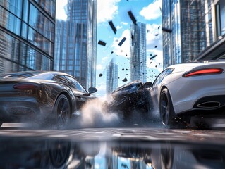 Dramatic Cinematic Crash of Luxury Sports Cars in Futuristic City Skyline