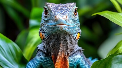 Close Up Of A Blue Iguana In A Tropical Forest