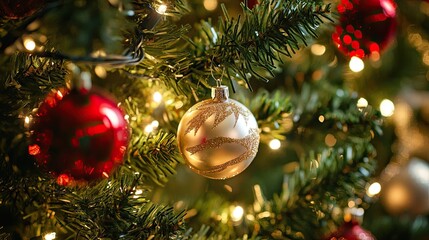 macro christmas tree background: close-up of a christmas tree background, highlighting festive decor
